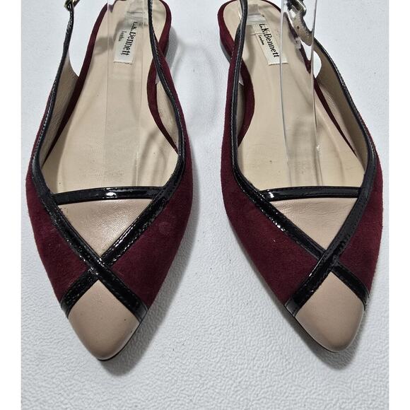 L.K. Bennett Women's Burgundy/Blck/Beige Slingbacks Flats 38.5/US 8-8.5 - Picture 3 of 9